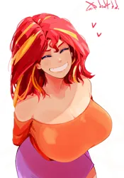 Size: 1400x2000 | Tagged: safe, artist:sozglitch, derpibooru import, sunset shimmer, human, arm behind back, big breasts, breasts, busty sunset shimmer, eyes closed, female, grin, heart, high angle, huge breasts, humanized, image, jpeg, looking at you, simple background, smiling, smiling at you, solo, white background