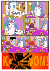 Size: 1273x1800 | Tagged: safe, artist:pixelkitties, derpibooru import, princess celestia, oc, unofficial characters only, alicorn, earth pony, pony, comic:my little sunshine, alarm clock, bed, clock, clothes, comic, duo, duo female, explosion, eye cover, female, image, jpeg, lying down, mare, nuclear explosion, nuclear weapon, on back, prone, uniform, weapon