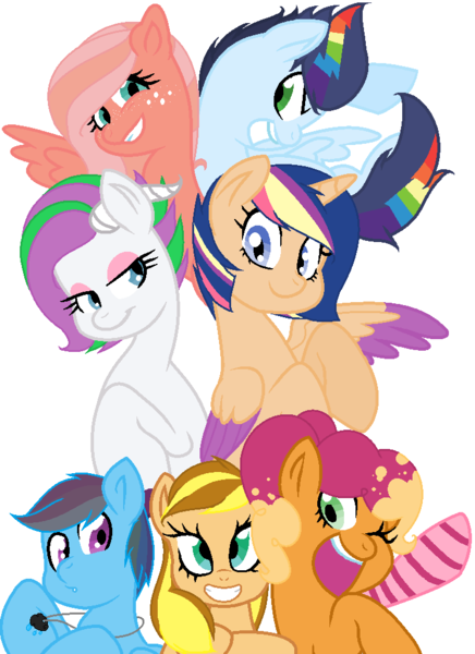 Size: 744x1024 | Tagged: safe, artist:ayumilunara, artist:emeraldjeweltm, derpibooru import, oc, oc:apple blossom, oc:cider, oc:emerald, oc:midnight rain, oc:rainbow boom, oc:strawberry cheese cake, oc:super nova, unofficial characters only, alicorn, dracony, earth pony, hybrid, pegasus, pony, unicorn, alicorn oc, base used, clothes, colored wings, colored wingtips, earth pony oc, eyeshadow, female, freckles, grin, group, horn, image, interspecies offspring, lidded eyes, makeup, mare, multicolored hair, next generation, offspring, open mouth, open smile, parent:applejack, parent:big macintosh, parent:caramel, parent:cheese sandwich, parent:flash sentry, parent:fluttershy, parent:pinkie pie, parent:rainbow dash, parent:rarity, parent:soarin', parent:spike, parent:twilight sparkle, parents:carajack, parents:cheesepie, parents:flashlight, parents:fluttermac, parents:soarindash, parents:sparity, pegasus oc, png, rainbow hair, simple background, smiling, socks, striped socks, unicorn oc, white background, wings