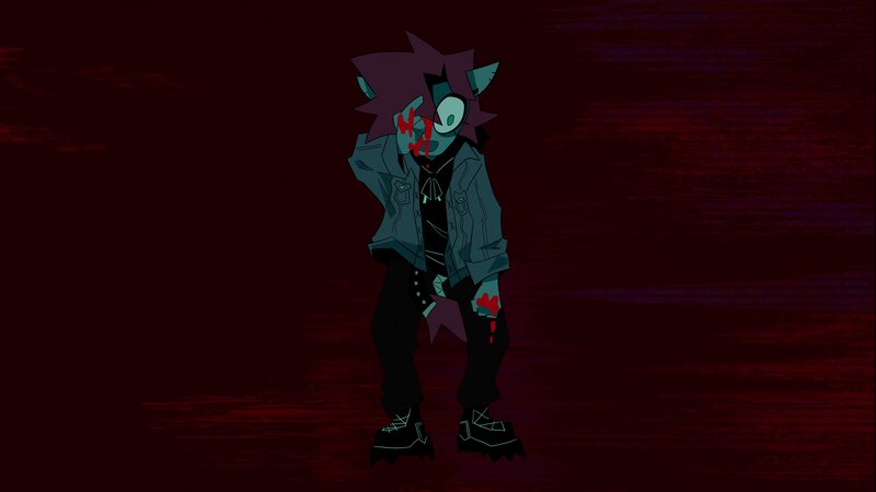Size: 3840x2160 | Tagged: safe, artist:nekosnicker, derpibooru import, oc, oc:neko, anthro, earth pony, pony, bit of a monster, blood, blood on face, boots, clothes, ear piercing, g4, hoodie, image, jpeg, piercing, red background, shoes, simple background, solo, song art, vylet pony
