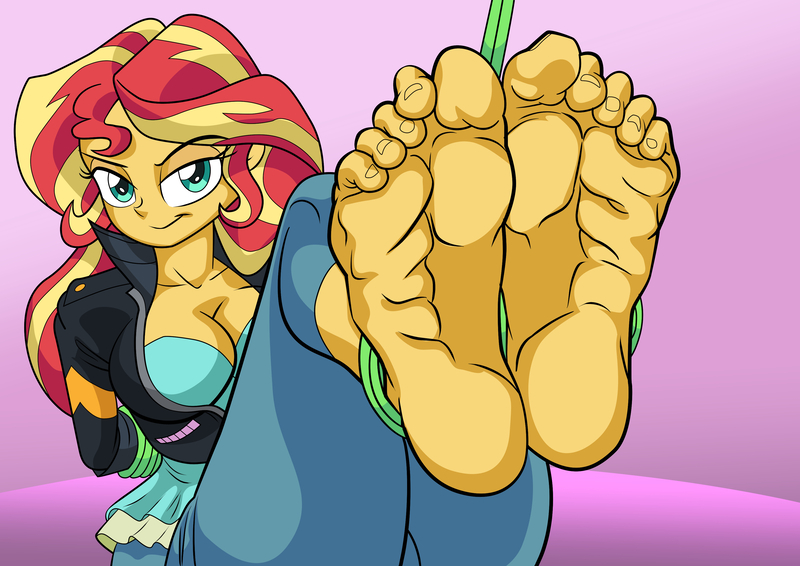 Size: 3508x2480 | Tagged: suggestive, artist:art-2u, derpibooru import, sunset shimmer, human, equestria girls, ankle tied, arm behind back, barefoot, bondage, breasts, busty sunset shimmer, cleavage, feet, female, fetish, foot fetish, g4, image, jpeg, looking at you, smiling, smirk, soles, solo, solo female, tied up