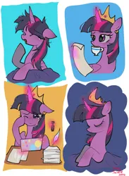 Size: 1503x2048 | Tagged: safe, artist:petaltwinkle, derpibooru import, twilight sparkle, twilight sparkle (alicorn), alicorn, pony, bags under eyes, comic, crown, crying, cup, drink, eye clipping through hair, eyebrows, eyebrows visible through hair, eyelashes, female, floppy ears, folded wings, g4, glow, glowing horn, horn, image, jewelry, jpeg, magic, mare, messy mane, multicolored mane, passepartout, purple coat, purple eyes, purple mane, quill pen, raised hoof, reading, regalia, signature, smiling, solo, telekinesis, tiara, wingding eyes, wings, wiping tears, yawn