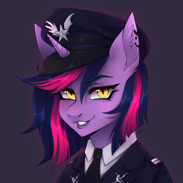 Size: 1500x1500 | Tagged: safe, artist:serodart, derpibooru import, oc, oc:lina phantom, unofficial characters only, unicorn, bust, clothes, commission, ear fluff, ear piercing, female, hat, horn, image, looking at you, military, military uniform, officer, piercing, png, portrait, smiling, smiling at you, solo, uniform, uniform hat