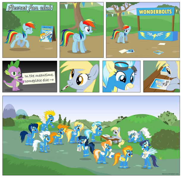 Size: 6000x5874 | Tagged: safe, artist:larsurus, derpibooru import, blaze, derpy hooves, fire streak, fleetfoot, high winds, lightning streak, misty fly, rainbow dash, silver lining, silver zoom, soarin', spike, spitfire, surprise, wave chill, dragon, pegasus, pony, g1, absurd resolution, autograph, comic, female, first fleetfoot image on derpibooru, g4, hair lock, image, male, mare, mouth drawing, mouth hold, pen, photoshop, png, scissors, spread wings, stallion, surprise (g4), wings, wonderbolts