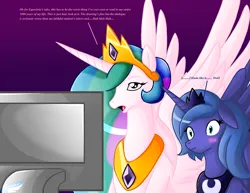 Size: 1200x926 | Tagged: dead source, safe, artist:emeraldpony, derpibooru import, princess celestia, princess luna, alicorn, pony, blushing, computer, dialogue, duo, duo female, female, floppy ears, g4, image, jpeg, mare, open mouth, s1 luna