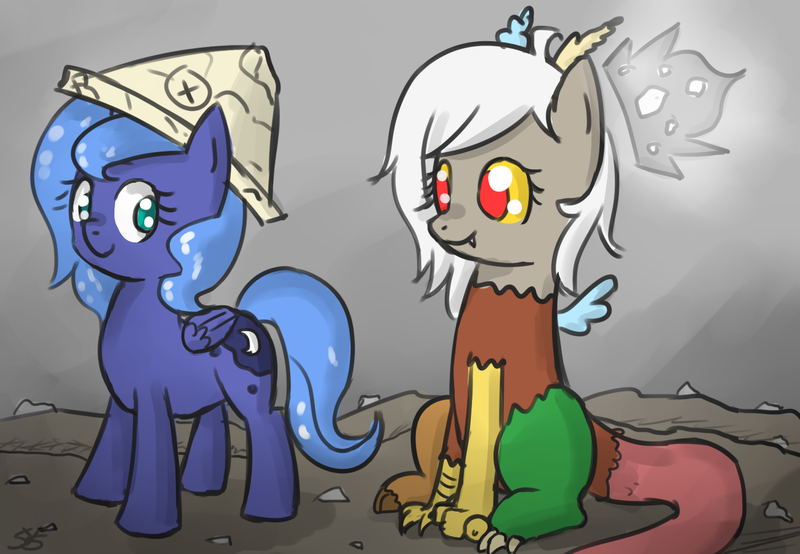 Size: 1300x900 | Tagged: dead source, safe, artist:speccysy, derpibooru import, discord, princess luna, alicorn, draconequus, pony, adoreris, cartographer's cap, cute, duo, eris, female, filly, foal, g4, hat, image, paper hat, png, rule 63, rule63betes, woona, younger