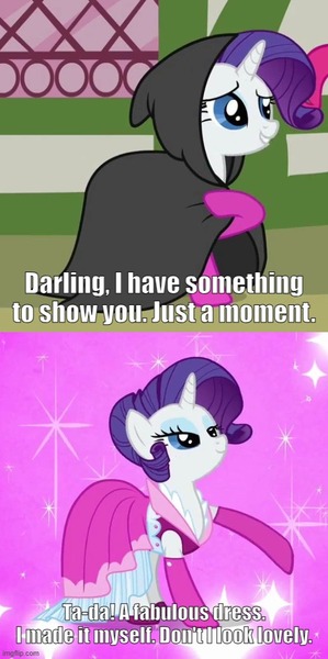 Size: 500x1004 | Tagged: safe, derpibooru import, edit, edited screencap, screencap, rarity, too many pinkie pies, caption, clothes, dress, g4, image, image macro, imgflip, jpeg, talking to viewer, text