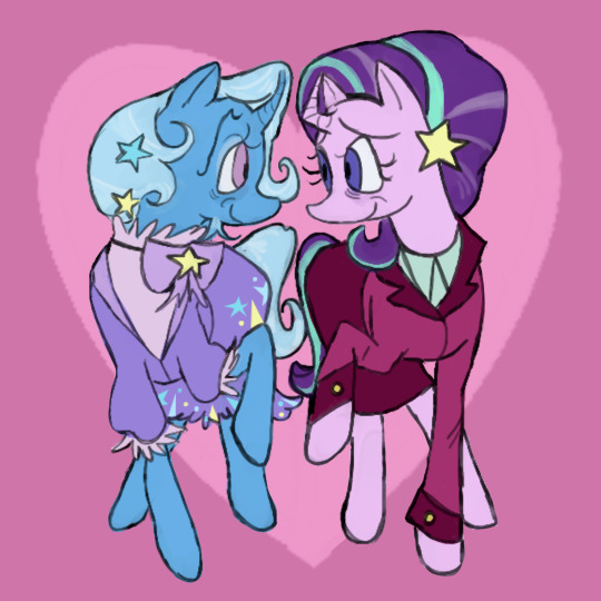 Size: 540x540 | Tagged: safe, artist:weebitpsychic, derpibooru import, starlight glimmer, trixie, pony, unicorn, the last problem, female, horn, image, jpeg, lesbian, looking at each other, looking at someone, older, older starlight glimmer, older trixie, raised hoof, shipping, smiling, smiling at each other, startrix