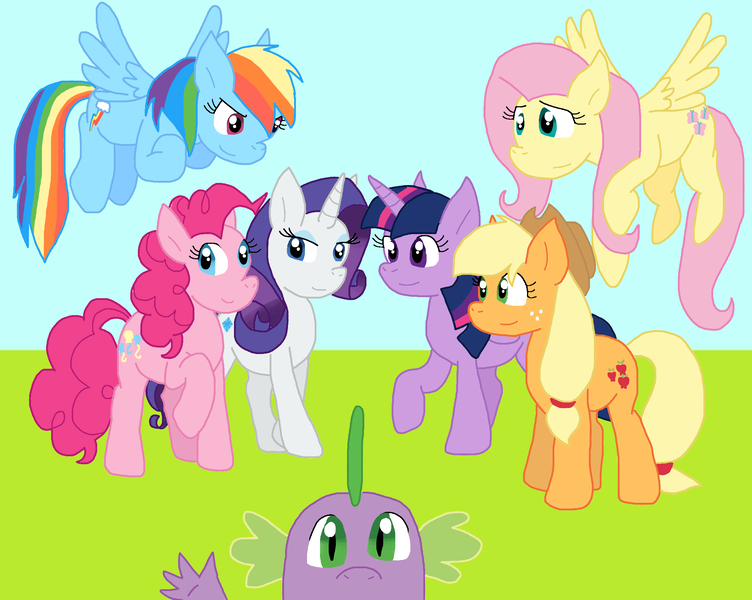 Size: 2089x1666 | Tagged: safe, artist:cmara, derpibooru import, applejack, fluttershy, pinkie pie, rainbow dash, rarity, spike, twilight sparkle, twilight sparkle (alicorn), alicorn, dragon, earth pony, pegasus, pony, unicorn, female, g4, group shot, horn, image, male, mane seven, mane six, png