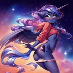 Size: 4096x4096 | Tagged: suggestive, ai content, derpibooru import, machine learning generated, princess luna, alicorn, anthro, beautiful, bedroom eyes, belly button, breasts, cleavage, clothes, dancing, ethereal mane, exposed belly, female, g4, hoodie, horn, image, jpeg, looking at you, prompter:anonynmi, simple background, solo, solo female, underboob, wings