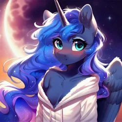 Size: 4096x4096 | Tagged: suggestive, ai content, derpibooru import, machine learning generated, princess luna, alicorn, anthro, beautiful, bedroom eyes, blushing, breasts, clothes, ethereal mane, female, g4, hoodie, horn, image, jpeg, looking at you, prompter:anonynmi, solo, solo female, wings