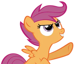 Size: 900x771 | Tagged: safe, artist:ns4j19y, derpibooru import, scootaloo, pegasus, pony, female, filly, foal, g4, image, juxtaposition bait, looking up, magenta hair, magenta mane, orange body, orange coat, orange fur, orange pony, orange wings, png, pointing, purple eyes, raised hoof, simple background, solo, transparent background, wings