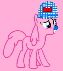 Size: 400x450 | Tagged: safe, artist:rain-approves, artist:spitfirethepegasusfan39, ponified, earth pony, pony, adult blank flank, base used, blank flank, blue nose, bonnet, bow, female, g4, grin, image, little miss, little miss lucky, lucky, mare, mr. men, mr. men little miss, open mouth, pink background, png, simple background, smiling, solo