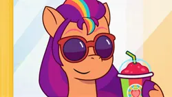 Size: 3410x1920 | Tagged: safe, derpibooru import, edit, edited screencap, screencap, sunny starscout, earth pony, pony, g5, my little pony: tell your tale, drink, female, high res, image, jpeg, mane stripe sunny, mare, smiling, smoothie, solo, sunglasses, the game is ahoof