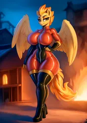Size: 1520x2160 | Tagged: suggestive, ai content, derpibooru import, machine learning generated, stable diffusion, spitfire, anthro, pegasus, bodysuit, breasts, busty spitfire, catsuit, clothes, derpibooru exclusive, female, fire, g4, generator:easyfluff v11.2, image, latex, latex suit, png, prompter:inky heart, pyro, rubber, socks, solo, solo female, spitfire pyro, stockings, team fortress 2, thick, thigh highs, thighs, thunder thighs, wide hips