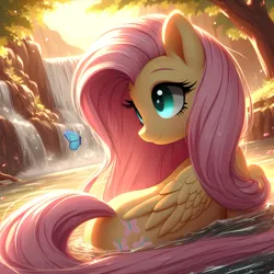 Size: 2048x2048 | Tagged: safe, ai content, derpibooru import, fluttershy, butterfly, insect, pegasus, pony, friendship is magic, bathing, evening, flowing tail, g4, image, my little pony, nature, peaceful, png, prompter:ponaiart, quiet, solo, sunshine, tail, tree, warm, water, waterfall