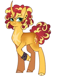 Size: 1283x1686 | Tagged: safe, artist:monochrome-sunsets, derpibooru import, sunset shimmer, pony, unicorn, alternate design, alternate hairstyle, curly hair, curly mane, curly tail, curved horn, ear piercing, earring, freckles, horn, image, jewelry, markings, piercing, png, simple background, solo, stars, tail, transparent background