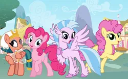 Size: 900x562 | Tagged: safe, artist:mm1928l, derpibooru import, li'l cheese, pinkie pie, silverstream, somnambula, classical hippogriff, earth pony, hippogriff, pegasus, the last problem, egyptian pony, element of laughter, female, g4, image, jpeg