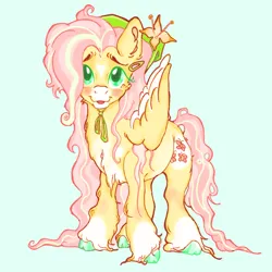 Size: 2048x2048 | Tagged: safe, artist:daisybreezy, derpibooru import, fluttershy, earth pony, pegasus, pony, alternate design, bandana, blue background, cloven hooves, coat markings, colored hooves, colored pupils, cute, female, flower, flower in hair, high res, image, looking at you, mare, open mouth, open smile, png, shyabetes, simple background, smiling, smiling at you, solo, twitterina design, unshorn fetlocks
