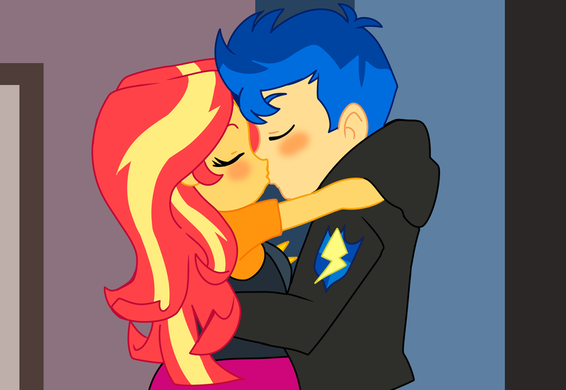 Size: 3000x2065 | Tagged: safe, artist:qsky, derpibooru import, flash sentry, sunset shimmer, human, equestria girls, blushing, clothes, eyes closed, female, flashimmer, g4, hoodie, image, jacket, kissing, male, png, shipping, straight