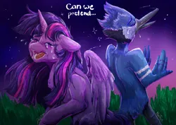Size: 3508x2480 | Tagged: safe, artist:delfinaluther, derpibooru import, twilight sparkle, twilight sparkle (alicorn), alicorn, bird, blue jay, pony, aeroplanes and meteor showers, crossover, crossover shipping, crying, doodle, duo, duo male and female, eyes closed, female, image, male, meme, mordecai, mordetwi, night, open mouth, png, regular show, sad, shipping, stars, straight, teary eyes
