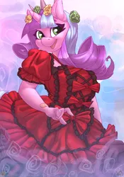 Size: 3500x5000 | Tagged: safe, alternate version, artist:atryl, derpibooru import, oc, oc:ivy lush, unofficial characters only, anthro, pony, unicorn, absurd resolution, anthro oc, big breasts, breasts, clothes, cute, dress, female, horn, image, lolita fashion, mare, patreon, patreon logo, png, smiling, solo