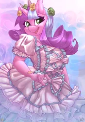 Size: 3500x5000 | Tagged: safe, artist:atryl, derpibooru import, oc, oc:ivy lush, unofficial characters only, anthro, pony, unicorn, absurd resolution, anthro oc, big breasts, breasts, clothes, cute, dress, female, horn, image, lolita fashion, mare, patreon, patreon logo, png, smiling, solo