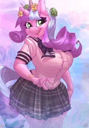 Size: 3500x5000 | Tagged: suggestive, alternate version, artist:atryl, derpibooru import, oc, oc:ivy lush, unofficial characters only, anthro, unicorn, absurd resolution, adorasexy, anthro oc, big breasts, breasts, clothes, cute, female, horn, image, patreon, patreon logo, png, school uniform, sexy, smiling, solo, solo female