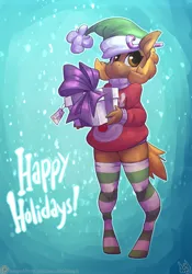 Size: 3500x5000 | Tagged: safe, artist:atryl, derpibooru import, oc, oc:beach ball, unofficial characters only, anthro, unguligrade anthro, absurd resolution, candy, candy cane, christmas, clothes, food, for you, happy holidays, hat, holiday, image, patreon, patreon logo, png, present, santa hat, smiling, socks, solo, striped socks, sweater