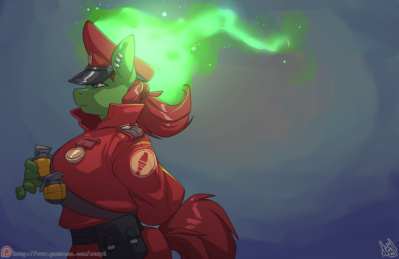 Size: 5400x3500 | Tagged: safe, artist:atryl, derpibooru import, oc, oc:kazlee, unofficial characters only, anthro, pony, abstract background, absurd resolution, anthro oc, clothes, commission, cosplay, costume, ear piercing, fancy dress uniform, female, fire, gentle manne's service medal, green fire, grenade, hat, image, mare, patreon, patreon logo, piercing, png, scorching flames, soldier, solo, team captain, team fortress 2, unusual hat