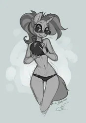 Size: 3500x5000 | Tagged: safe, artist:atryl, derpibooru import, allie way, anthro, unicorn, absurd resolution, bikini, bowling ball, clothes, female, holding, horn, image, looking at you, monochrome, png, sketch, solo, sunglasses, swimsuit