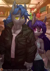Size: 3500x5000 | Tagged: safe, artist:atryl, derpibooru import, oc, oc:dusk rhine, oc:racket rhine, unofficial characters only, anthro, bat pony, pony, absurd resolution, anthro oc, bat pony oc, bat wings, brother and sister, clothes, cute, duo, female, glasses, image, jacket, looking at you, male, mare, nervous, png, potion, rule 63, shop, siblings, smiling, stallion, wings