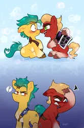 Size: 2076x3140 | Tagged: safe, artist:soniana_draws, derpibooru import, hitch trailblazer, sprout cloverleaf, earth pony, pony, g5, my little pony: a new generation, blushing, chest fluff, colt, colt hitch trailblazer, colt sprout cloverleaf, cute, foal, food, gay, hitchbetes, hitchsprout, image, male, png, question mark, sheriff's badge, shipping, sproutbetes, unrequired crush, younger