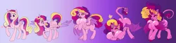 Size: 4955x1238 | Tagged: suggestive, artist:atcpony, derpibooru import, princess cadance, alicorn, pony, succubus, bat wings, big breasts, bimbo, bimboification, breast expansion, breasts, chestbreasts, corrupted, female, gradient background, growth, heart, high res, hypno eyes, image, mare, mind control, png, solo, solo female, strategically covered, swirly eyes, transformation, transformation sequence, wings