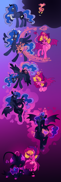 Size: 2700x8043 | Tagged: suggestive, artist:atcpony, derpibooru import, princess cadance, princess luna, alicorn, pony, succubus, absurd resolution, big breasts, bimbo, bimboification, breasts, butt expansion, chestbreasts, corrupted, featureless breasts, female, gradient background, growth, hypno eyes, image, impossibly large thighs, magic, mare, mind control, png, strategically covered, thighs, thunder thighs, transformation, transformation sequence