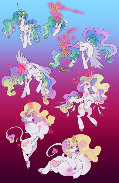 Size: 2312x3536 | Tagged: questionable, artist:atcpony, derpibooru import, princess celestia, alicorn, pony, succubus, unicorn, big breasts, bimbo, bimboification, breast expansion, breasts, chestbreasts, cloven hooves, corrupted, female, gradient background, growth, heart, heart eyes, high res, horn, huge breasts, hypno eyes, image, impossibly large breasts, lying down, magic, mare, mind control, molting, nipples, nudity, png, prone, solo, solo female, transformation, transformation sequence, wing loss, wingding eyes