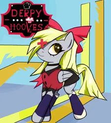 Size: 1420x1580 | Tagged: safe, artist:sallycars, derpibooru import, derpy hooves, pegasus, pony, alternate hairstyle, bow, choker, clothes, cosplay, costume, crossover, derpy day, eyepatch, female, gloves, hair bow, hazbin hotel, hellaverse, image, mare, png, shirt, skirt, socks, solo, stockings, thigh highs, vaggie