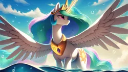 Size: 2560x1440 | Tagged: safe, ai content, derpibooru import, machine learning generated, princess celestia, bird, seagull, bubble, cloud, glow, glowing horn, horn, image, jewelry, looking up, ocean, png, prompter:mr-bat, smiling, tiara, water