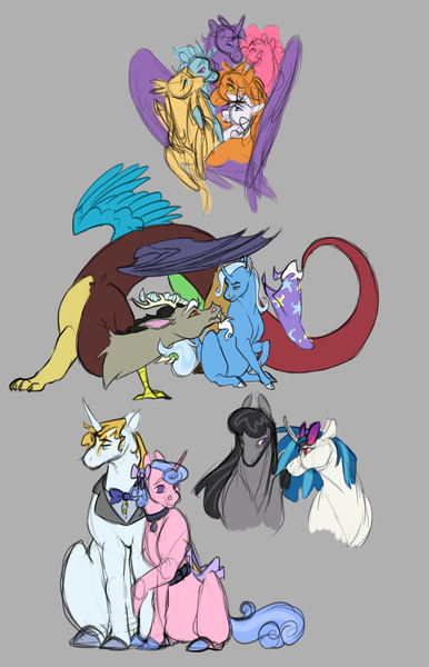 Size: 3500x5439 | Tagged: safe, artist:courtjesterart, derpibooru import, applejack, discord, fluttershy, octavia melody, pinkie pie, prince blueblood, rainbow dash, rarity, royal ribbon, trixie, twilight sparkle, vinyl scratch, alicorn, draconequus, earth pony, pegasus, pony, unicorn, female, g4, horn, image, lesbian, male, mane six, omniship, png, polyamory, scratchtavia, shipping, straight, trixcord