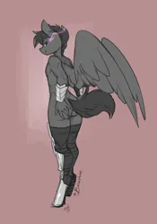 Size: 3500x5000 | Tagged: safe, artist:atryl, derpibooru import, king sombra, oc, oc:brimstone, unofficial characters only, anthro, pegasus, unguligrade anthro, absurd resolution, butt touch, clothes, cosplay, costume, eye mist, hand on butt, image, looking at you, looking back, male, monochrome, png, sketch, solo, wings