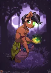 Size: 2800x4000 | Tagged: safe, artist:atryl, derpibooru import, oc, oc:tida, unofficial characters only, anthro, earth pony, clothes, commission, crouching, forest, glow, glowing eyes, glowing hands, high res, image, jungle, magic, male, moon, nature, partial nudity, patreon, patreon logo, png, solo, topless, tree