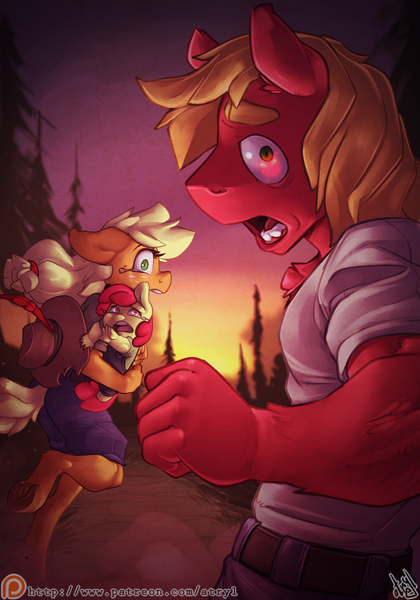 Size: 2800x4000 | Tagged: safe, artist:atryl, derpibooru import, part of a set, apple bloom, applejack, big macintosh, anthro, pony, unguligrade anthro, apple buruma project, baby, baby apple bloom, clothes, denim, female, forest, hat, high res, holding a pony, image, implied pear butter, jeans, male, nature, open mouth, overalls, pants, part of a series, png, running away, scared, teary eyes, tree, younger