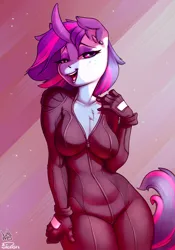 Size: 2800x4000 | Tagged: suggestive, artist:atryl, artist:siden, derpibooru import, oc, oc:aqua jewel, unofficial characters only, anthro, pony, unicorn, anthro oc, breasts, catsuit, clothes, collaboration, commission, female, gloves, high res, horn, image, lidded eyes, looking at you, mare, open mouth, png, smiling, solo, solo female, ych result