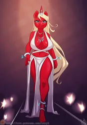 Size: 2800x4000 | Tagged: suggestive, artist:atryl, derpibooru import, oc, oc:scarlet rose, unofficial characters only, anthro, pony, unguligrade anthro, unicorn, absolute cleavage, anthro oc, belly button, big breasts, breasts, busty scarlet rose, catwalk, cleavage, clothes, digital art, dress, female, high res, horn, horn ring, image, jewelry, mare, necklace, not big macintosh, png, ring, side slit, smiling, solo, solo female, total sideslit