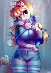 Size: 2800x4000 | Tagged: suggestive, alternate version, artist:atryl, artist:siden, derpibooru import, oc, oc:popurri jewel, unofficial characters only, anthro, pony, anthro oc, breasts, bucktooth, clothes, coat, collaboration, commission, female, gap teeth, high res, image, mare, midriff, png, shorts, socks, solo, solo female, striped socks, thigh highs, winter, ych result