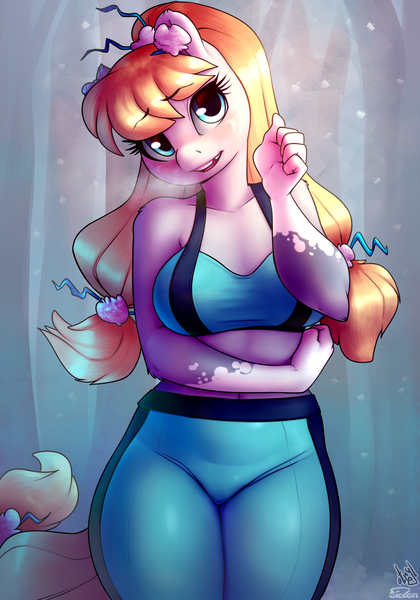 Size: 2800x4000 | Tagged: suggestive, artist:atryl, artist:siden, derpibooru import, oc, oc:popurri jewel, unofficial characters only, anthro, earth pony, pony, anthro oc, breasts, bucktooth, clothes, collaboration, commission, female, gap teeth, high res, image, mare, pants, png, solo, solo female, sports outfit, winter, ych result, yoga pants