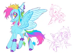 Size: 2048x1436 | Tagged: safe, artist:webkinzworldz, derpibooru import, fluttershy, rainbow dash, scootaloo, oc, oc:double rainbow (webkinzworldz), oc:meadowbrook (webkinzworldz), oc:scooter sprite, pegasus, pony, alternate color palette, alternate design, alternate name, alternate universe, bags under eyes, bracelet, chest fluff, coat markings, colored eyebrows, colored hooves, colored wings, colored wingtips, ear fluff, ear piercing, ear tufts, earring, eyelashes, female, g4, image, industrial piercing, jewelry, long description, long tail, looking back, mare, multicolored eyes, multicolored hair, multicolored mane, multicolored tail, piercing, png, profile, rainbow hair, rainbow tail, shiny hoof, short mane, simple background, smiling, spiked wristband, spread wings, tail, triality, trio, trio female, two toned wings, white background, wingding eyes, wings, wristband