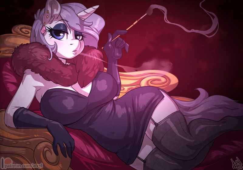 Size: 4000x2800 | Tagged: suggestive, artist:atryl, derpibooru import, oc, oc:platinum decree, unofficial characters only, anthro, anthro oc, big breasts, breasts, cigarette, cigarette holder, cleavage, clothes, commission, evening gloves, fainting couch, female, gloves, high res, image, long gloves, lying down, milf, png, side, smoking, solo, solo female