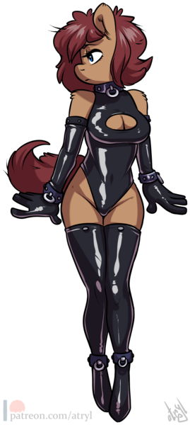 Size: 1432x3190 | Tagged: suggestive, artist:atryl, derpibooru import, oc, oc:latch, unofficial characters only, anthro, earth pony, unguligrade anthro, anthro oc, boob window, breasts, clothes, collar, cuffs, female, high res, image, latex, leotard, patreon, patreon logo, png, simple background, socks, solo, thigh highs, transparent background