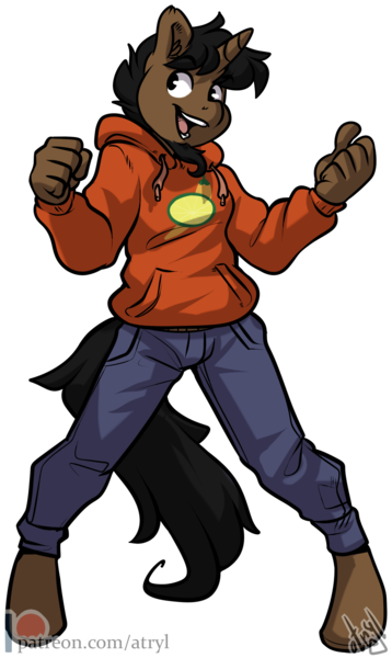 Size: 1602x2687 | Tagged: safe, artist:atryl, derpibooru import, oc, oc:limón picante, unofficial characters only, anthro, unguligrade anthro, unicorn, beard, clothes, denim, excited, facial hair, high res, hoodie, horn, image, jeans, male, pants, png, simple background, solo, transparent background